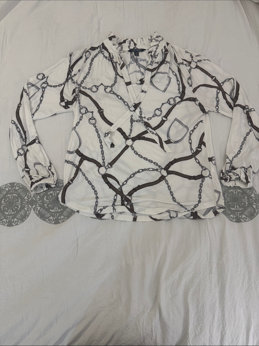 Lauren Ralph Lauren White Blouse with Black Chain Print